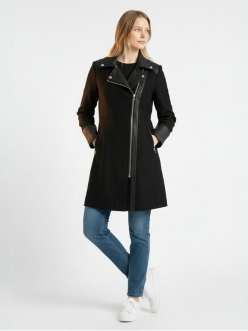Black Wool-Blend Moto-Style Coat
